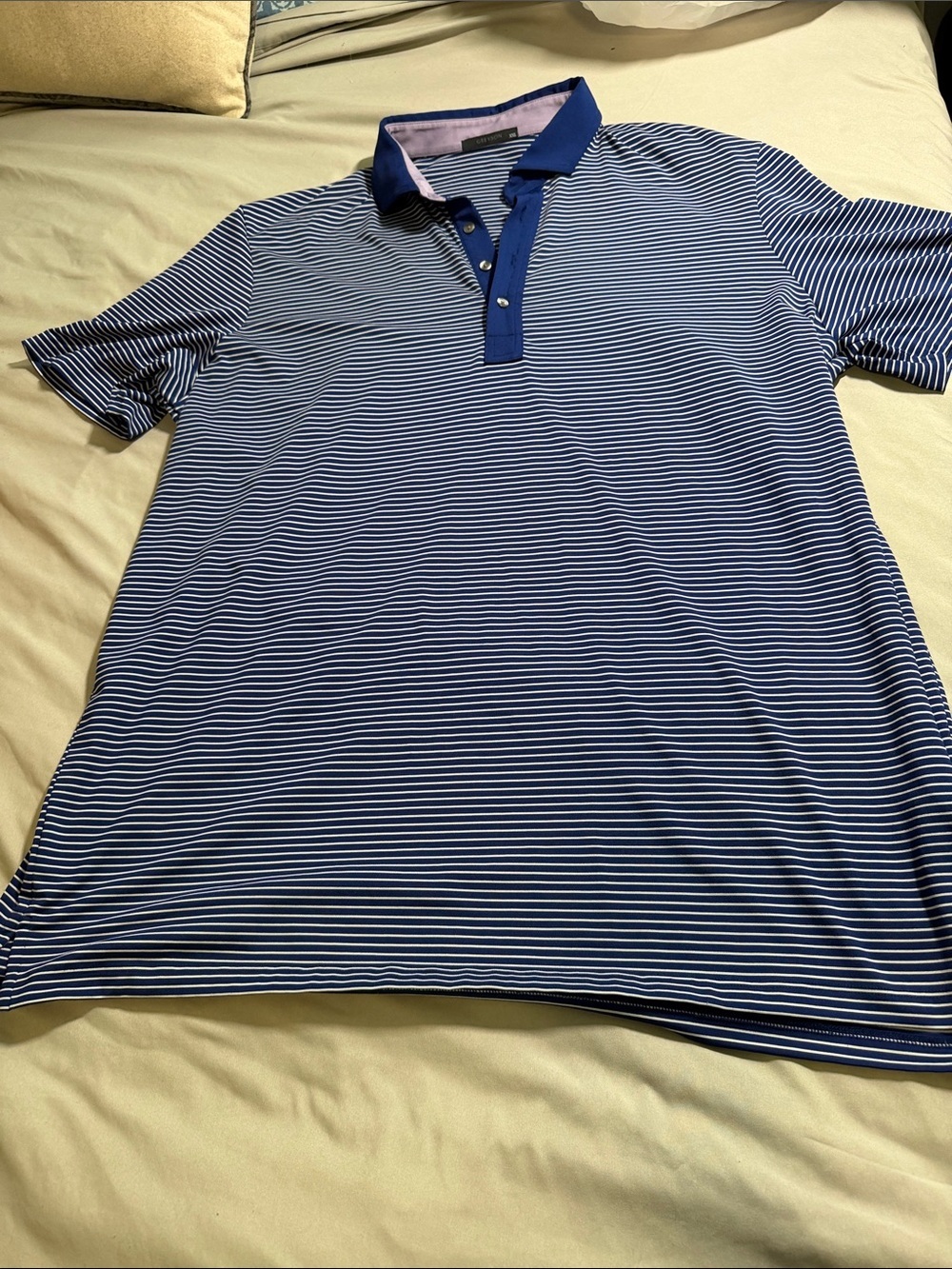 Greyson Blue and White Slim-Striped Polo with Contrast Placket